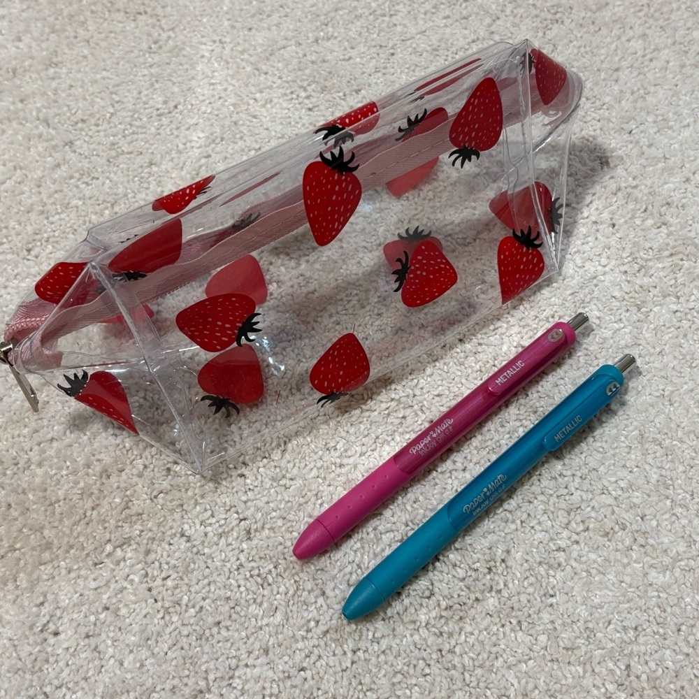 Strawberry Clear Pencil Case with Pens